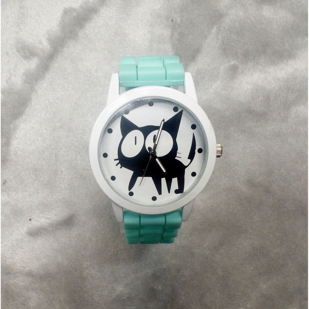 Cartoon Black Cat 40mm Wrist Watch Turquoise Band